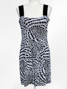 Sharon Max Y2K Black & White Abstract Geometric Sleeveless Full Back Zip Dress L